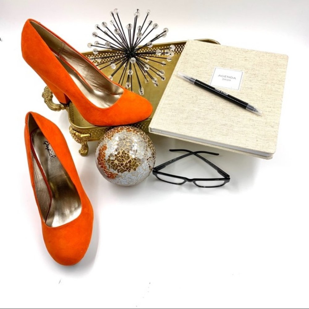 Vegan Suede Cone Heel Pumps in Brunt Orange - Picture 6 of 8